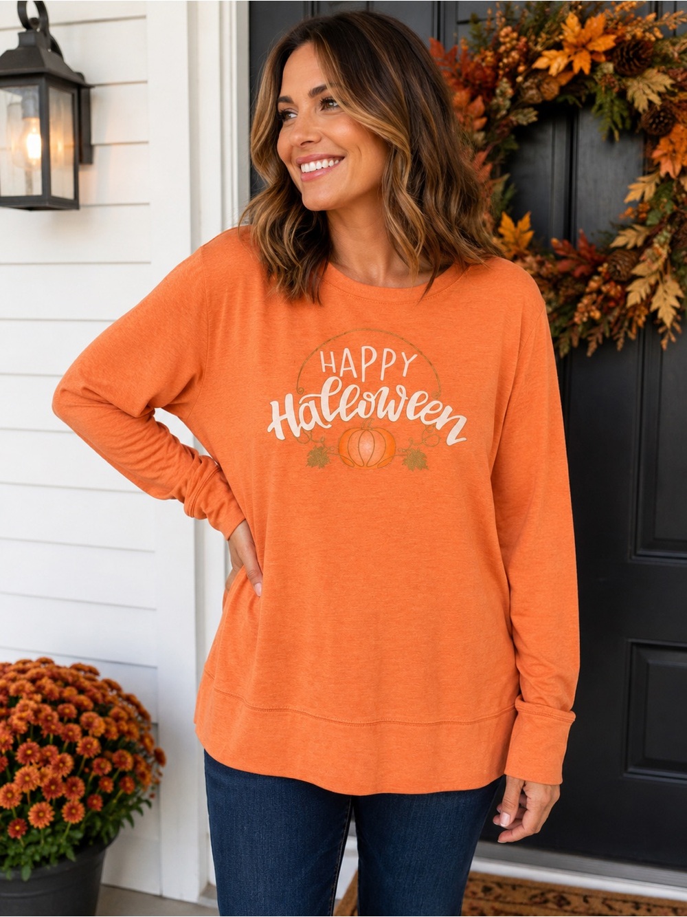 Celebrate It Happy Halloween Orange Long Sleeve Top – Size XL 🎃